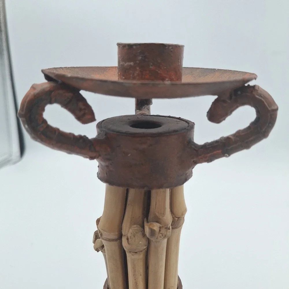 Rustic Metal Candleholder Bamboo Contrast Accent Three Legged Patina Rugged 7 In